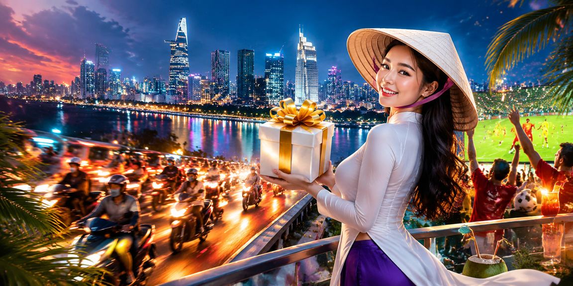 Người dùng tại TP. Hồ Chí Minh đặt cược trực tuyến với chiếc nón lá truyền thống bên cạnh