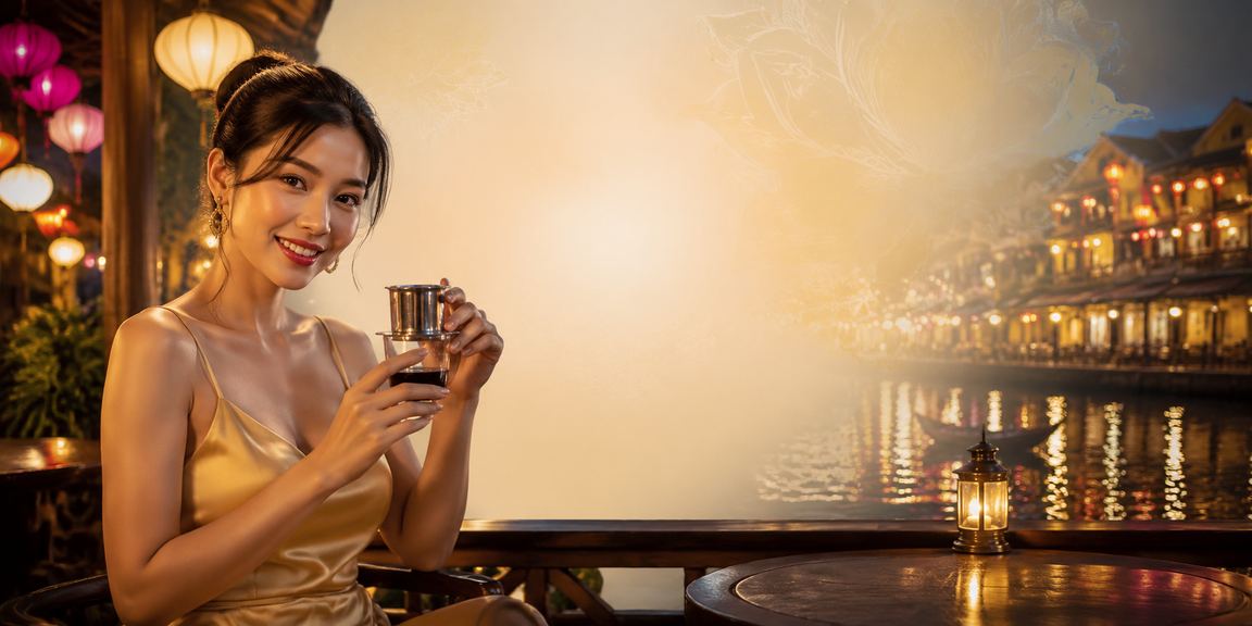 Quán cà phê Hội An buổi sáng, người dùng xem đánh giá nền tảng cá cược trên máy tính bảng
